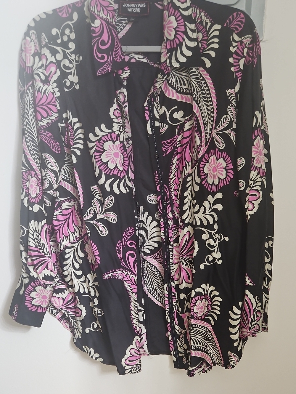 Johnny Was Black Floral Tie-Neck Blouse in Pink & Cream
